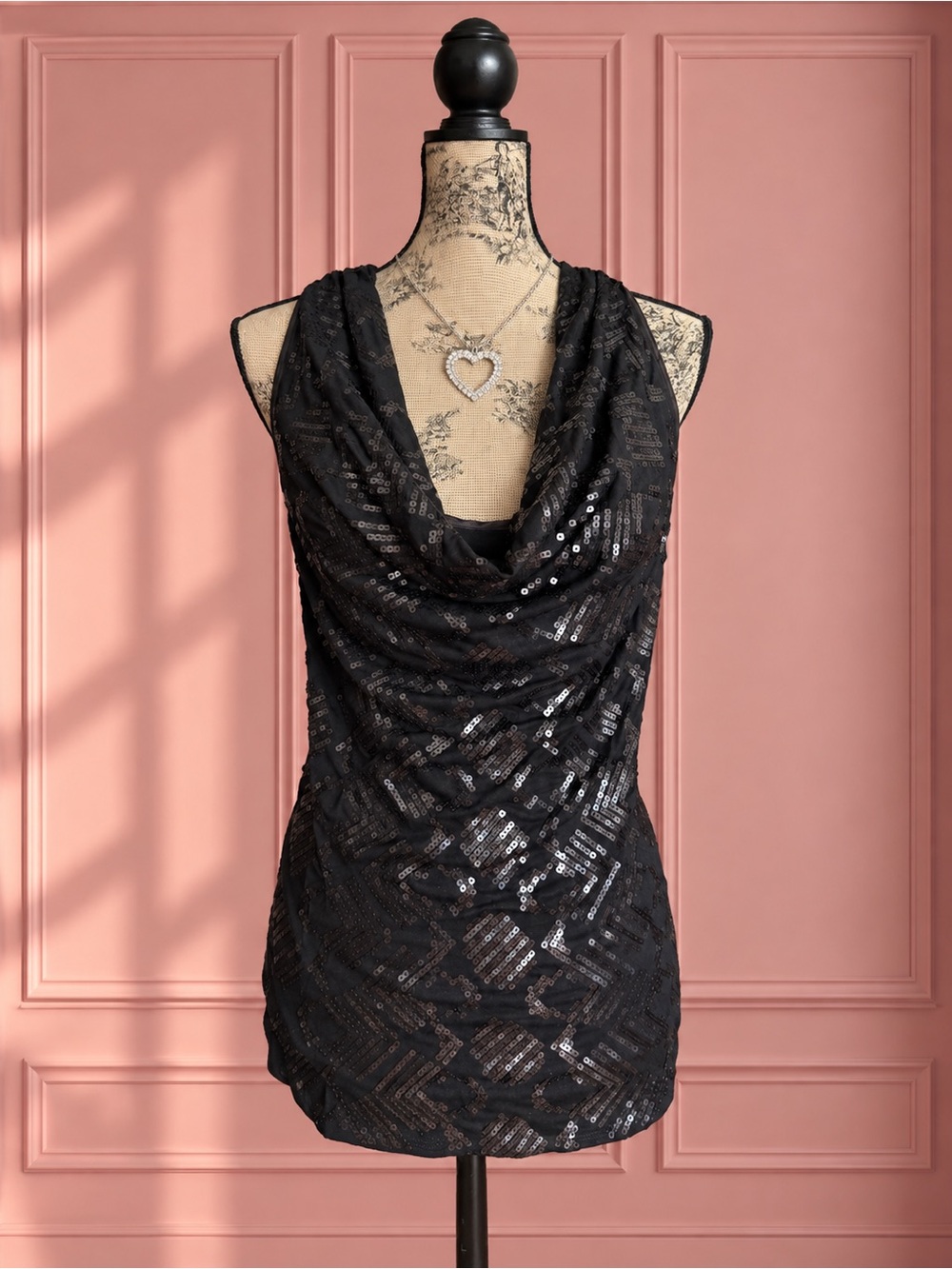 Y2K 2b bebe Black Sequin Cowl Neck Tank Top Size M